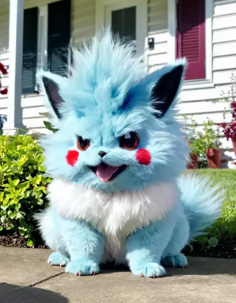 cute pokemon pet sitting in front of the house, happy, fluffy
