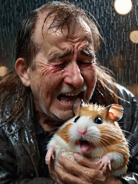 photo of an elderly man hugging giant hamster, crying, screaming, late at night, in the rain, very long brown wet hair, cinematic, shallow depth of field, extremely detailed
