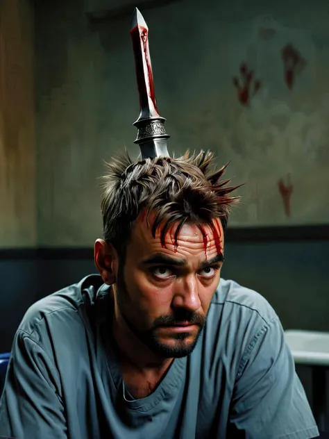 A man sitting in the doctor's waiting room with a dagger stuck in his head, a single drop of blood on his forehead,
airbrush painting,
<lora:RMSDXL_Enhance:0.2>,
<lora:add-detail-xl:0.8>,
<lora:RMSDXL_Darkness_Cinema:0.5>,
<lora:RMSDXL_Photo:0.45>,