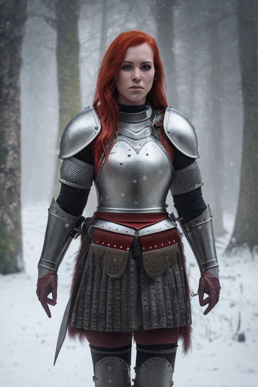 A woman in armor standing in a snowy forest - SeaArt AI