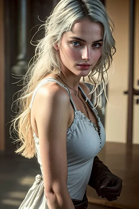 solo mid shot portrait photo of [Mila Azul|Candice Swanepoel] as [Candice Swanepoel|Kate Middleton] as a real life version of (Ciri:1.28), open office fantasy background, charming smirking, by Hubert Robert and Alex Timmermans ultra realistic highly detailed intricate photorealistic analog style photograph sharp focus on eyes, cinematic lighting