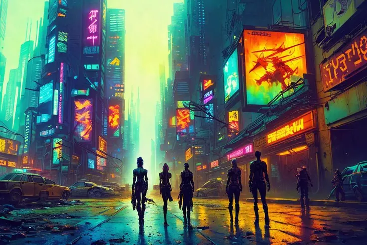 photo of a cyberpunk postapocalyptic cityscape, melancholic vibrant splatterpunk, by Julie Bell and Anna Bocek ultra realistic highly detailed intricate photorealistic analog style photograph cinematic lighting