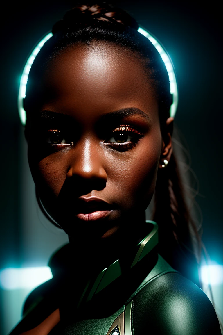 photograpy masterpiece, closeup, gorgeous (soneqa martin-green) ((looking on camera)), perfect brown iris, circle light reflex in the eyes , fkfce fake person, ((star trek suit)) sensual, ((little breast from neckline)), black mirror floor, black mirror wall behind, strong side light, backlight on the floor, high contrast, hard focus, detailed black skin, detailed skin pores, ultra realistic, sharp focus on eyes, cinematic lighting
