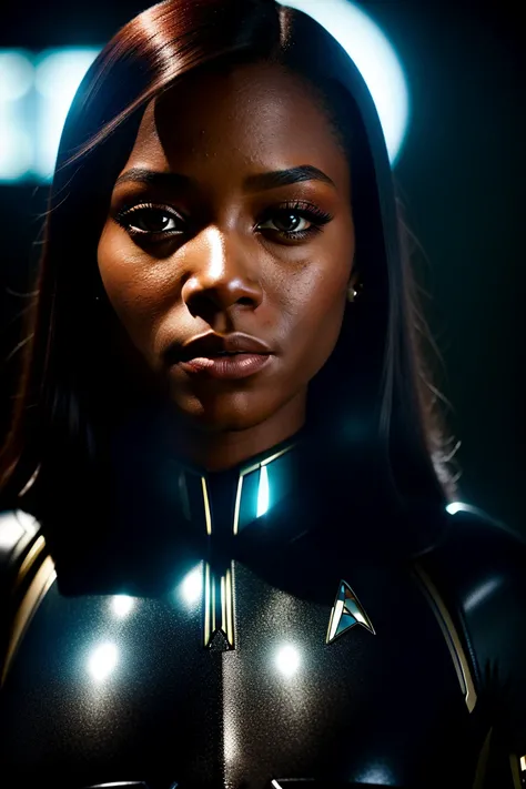 photograpy masterpiece, closeup, gorgeous (soneqa martin) ((looking on camera)), perfect brown iris, circle light reflex in the eyes , fkfce fake person, ((star trek suit)) sensual, ((little breast from neckline)), black mirror floor, black mirror wall behind, strong side light, backlight on the floor, high contrast, hard focus, detailed black skin, detailed skin pores, ultra realistic, sharp focus on eyes, cinematic lighting