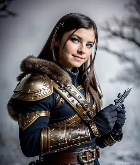 solo mid shot portrait photo of a riften guard from skyrim
fantasy background, charming smirking
by Anne Stokes and Peter Mohrbacher ultra realistic highly detailed intricate photorealistic analog style photograph sharp focus on eyes, cinematic lighting