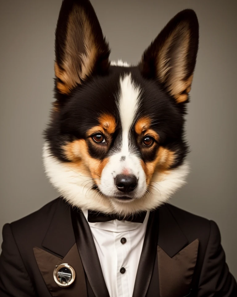 solo mid shot portrait photo of a cute fluffy anthropomorphic corgi robot
dark fantasy background, charming smirking
by Helmut Newton and Marek Okon ultra realistic highly detailed intricate photorealistic sharp focus on eyes, cinematic lighting