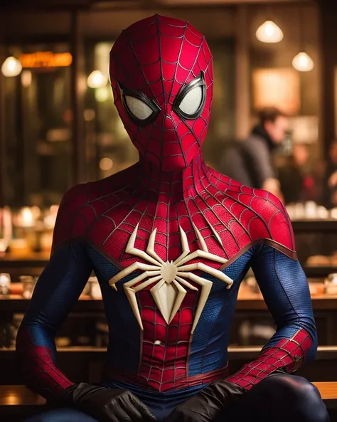 solo mid shot portrait photo of spiderman sitting in a coffee shop
dark fantasy background, charming smirking
by Elizabeth Gadd and Carsten Meyerdierks ultra realistic highly detailed intricate photorealistic sharp focus on eyes, cinematic lighting