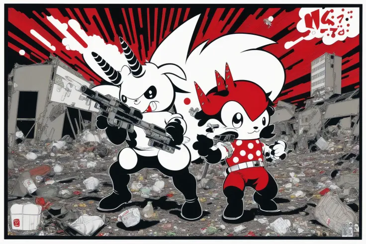 (line art) Unico by Osamu Tezuka, angry unico unicorn with gun staring at camera, ((<trash-polka-style>)), red and black only, angry768, warzone, bombs, war torn city