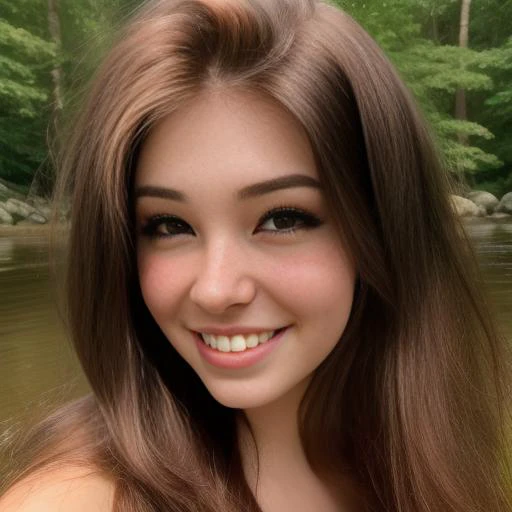 Cute and adorable Female woman 20yo standing near a river in a forest, smiling at the camera, blurry background Realistic, 8k, hdr, very high quality, beautiful face, detailed face<lora:belleDelphine_shurikv4:1>