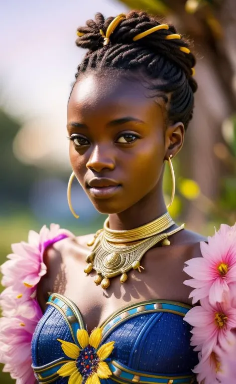 macro, ((beautiful Subsaharan girl)), realistic skin texture, woven outfit, strapless, fantasy, fairytale, space adventurer, scifi character, cute, character, vivid colors, intricately detailed sharp focus, cinematic lighting, rim lighting, masterpiece, ((multicolored flower petals, halos, bokeh)), (best quality, masterpiece), 8K, HDR, DSLR withLora(add_detail,0.25) withLora(lit,0.2) withLora(improve_backgrounds,0.75)