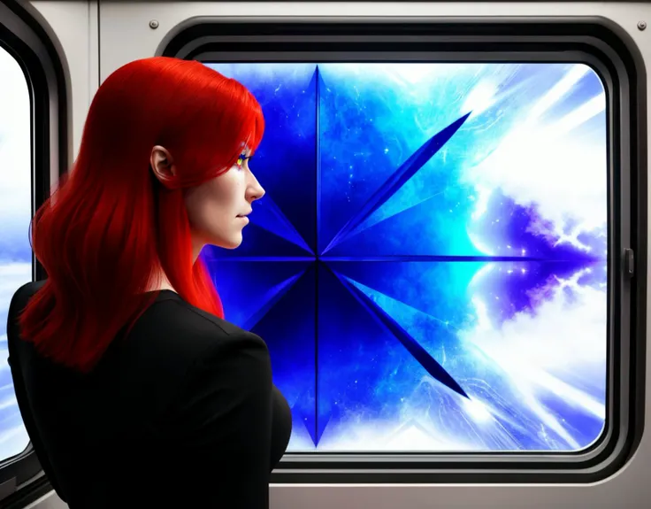 three cornered window, back of head shot of (woman looking out of triangle window:1.1), 3rd person, Looking out the triangular window of a (train:1.1) with triangular windows, triangular windows and triangular, wheels, in a fantasy world,
psychedelic, geometric, vivid light, high contrast, triadic colors, dark shadows, explosions, nuclear mushroom cloud, nuclear explosion, dystopian nightmare,
(beautiful composition),
21 yo woman,