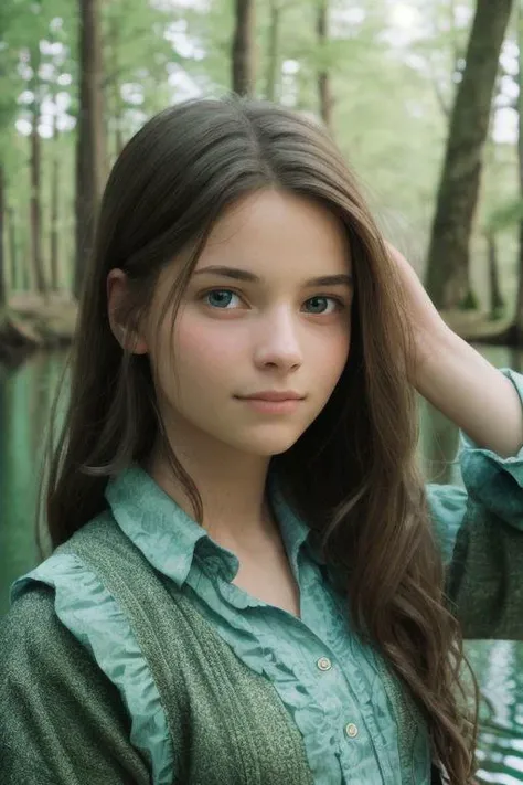 Realistic Photo of a woman in forest at a marvelous lake with reflecting water, the woman is zoomed, beautiful face, high detailed skin, high detailed face, realistic pupils, realistic eyes, high detailed eyes, fully covered breats, realistic iris, gorgeous,large fully covered breasts, wearing beautiful modest dark green dress, long covering dress, legs fully covered, 8k UHD, soft lighting, high quality, film grain, Facing forward, facing viewer