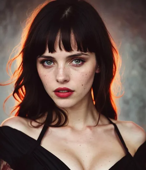 solo mid shot portrait photo of [Felicity Jones|Phoebe Dynevor] as [Amy Lee|Emily Ratajkowski] as a real life (Vampirella:1.15)
dark fantasy background
by Brian M. Viveros and Ryan McGinley
ultra realistic highly detailed intricate photorealistic analog style photograph
sharp focus on eyes, cinematic lighting