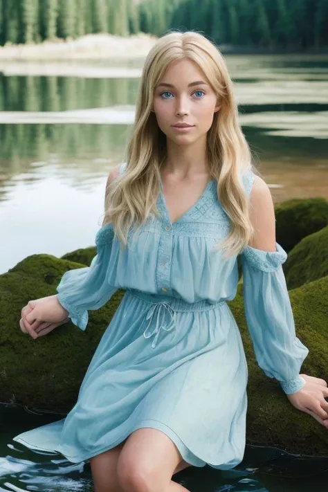 Realistic Photo of a blonde woman in forest at a marvelous lake with reflecting water, the woman is zoomed, beautiful face, high detailed skin, high detailed face, realistic pupils, realistic eyes, high detailed blue eyes, realistic iris, gorgeous, large fully covered breasts,wearing beautiful modest red dress, long covering dress, no exposed leg parts, legs fully covered, 8k UHD, soft lighting, high quality, film grain, Facing forward, facing viewer