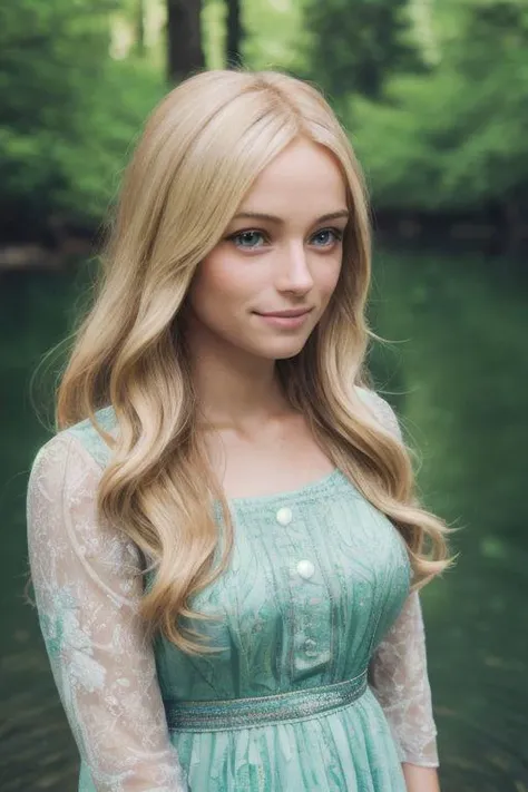 Realistic Photo of a blonde woman in forest at a marvelous lake with reflecting water, the woman is zoomed, beautiful face, high detailed skin, high detailed face, realistic pupils, realistic eyes, high detailed eyes, fully covered breats, realistic iris, gorgeous,large fully covered breasts, wearing beautiful modest dark green dress, long covering dress, legs fully covered, 8k UHD, soft lighting, high quality, film grain, Facing forward, facing viewer