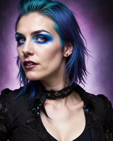 solo mid shot portrait photo of an emo alt woman with blue sideswept hair, goth makeup
dark fantasy background, charming smirking
by Kim Keever and Phil Koch ultra realistic highly detailed intricate photorealistic sharp focus on eyes, cinematic lighting