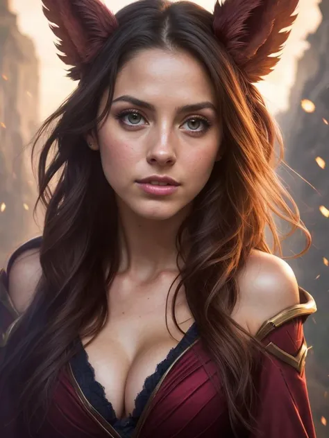 solo portrait photo of [Alison Brie|Christen Harper] as [Lili Reinhart|Holly Peers] as a real life version of ((Xayah from League of Legends:0.8) <lora:xayahFromLeagueOf_xayahV1:0.3>:1.2)
dark fantasy background, charming smirking
by Mark Keathley and Ed Mell ultra realistic highly detailed intricate photorealistic analog style photograph sharp focus on eyes, cinematic lighting