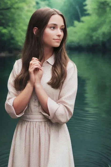 Realistic Photo of a woman in forest at a marvelous lake with reflecting water, the woman is zoomed, beautiful face, high detailed skin, high detailed face, realistic pupils, realistic eyes, high detailed eyes, realistic iris, gorgeous, large fully covered F-Cup breasts, wearing beautiful modest red dress, long covering dress, no exposed leg parts, legs fully covered, 8k UHD, soft lighting, high quality, film grain, Facing forward, facing viewer