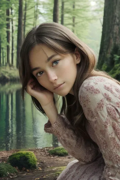 Realistic Photo of a woman in forest at a marvelous lake with reflecting water, the woman is zoomed, beautiful face, high detailed skin, high detailed face, realistic pupils, realistic eyes, high detailed eyes, realistic iris, gorgeous, large fully covered F-Cup breasts, wearing beautiful modest red dress, long covering dress, no exposed leg parts, legs fully covered, 8k UHD, soft lighting, high quality, film grain, Facing forward, facing viewer