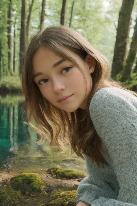 Realistic Photo of a woman in forest at a marvelous lake with reflecting water, the woman is zoomed, beautiful face, high detailed skin, high detailed face, realistic pupils, realistic eyes, high detailed eyes, fully covered breats, realistic iris, gorgeous,large fully covered breasts, wearing beautiful modest dark green dress, long covering dress, legs fully covered, 8k UHD, soft lighting, high quality, film grain, Facing forward, facing viewer