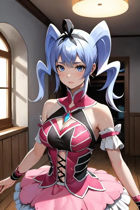 masterpiece, best quality, <lora:xcvale-nvwls-v1-000009:0.9> xcVale, hair ribbon, pink dress, pink tutu, confused, upper body, indoors, pale skin