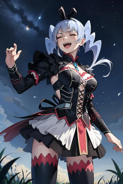 masterpiece, best quality, <lora:xcvale-nvwls-v1-000009:0.9> xcVale, hair ribbon, gothic dress, long sleeves, thighhighs, cowboy shot, smirk, furrowed brow, laughing, closed eyes, night sky, field, pale skin, from below, raised hand, open mouth