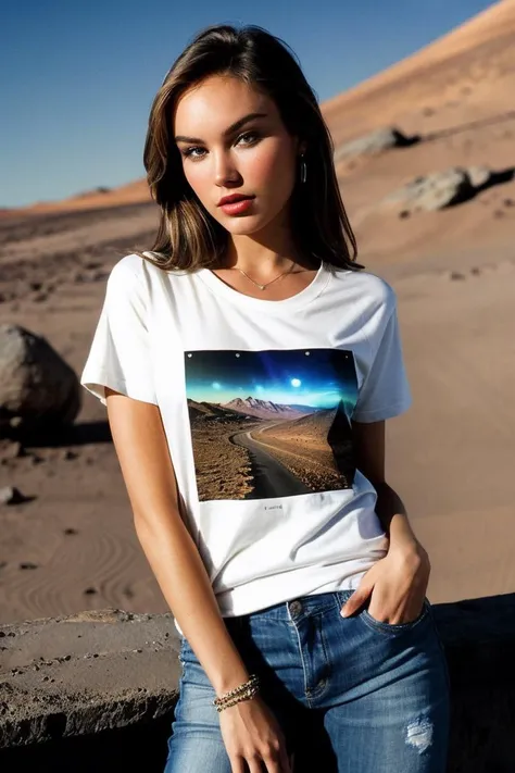 photo of beautiful (V3runka-140:0.99), a woman, perfect hair, (modern photo), wearing a (crew neck t-shirt:1.2) and jeans with jewelry, portrait, 85mm, (analog, cinematic, film grain:1.3), (Rover Repair Station, Facility for Mars rover maintenance, diagnostics, spare parts, and testing.), detailed eyes, professional pose, painted lips, (epiCPhoto), (looking at viewer:1.1), (cinematic shot:1.3), (natural lighting, lit from above), <lora:add_detail:0.5>