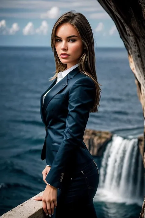 photo of beautiful (V3runka-140:0.99), a woman, perfect hair, (modern photo), wearing a (business suit:1.2) and jeans with jewelry, portrait, 85mm, (analog, cinematic, film grain:1.3), (Sky Ocean Planet, Ocean planet with floating islands and sky-bound waterfalls.), detailed eyes, professional pose, painted lips, (epiCPhoto), (looking at viewer:1.1), (cinematic shot:1.3), (natural lighting, lit from above), <lora:add_detail:0.5>