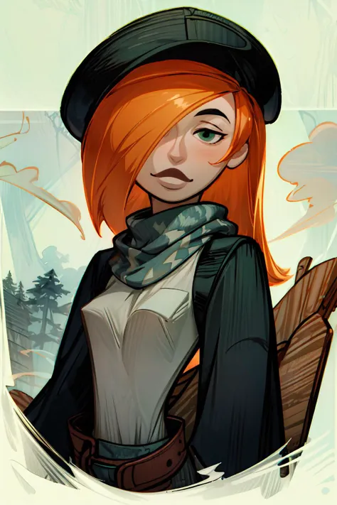 concept art, <lora:kim-05:1.4> k1m, 1girl,long orange hair, hair over one eye, solo, upper body, looking down, detailed background, detailed face, (<lora:smoke_model:0.4>, smokestyle theme:1.1), trapper, trapmaker, smirk, leather clothing, belt, gloves, trappers hat, scarf, dynamic pose, snare, rope, net, hunting knife, pelts, rocky forest clearing background, fallen leaves, fantasy frontier cinematic atmosphere,<lora:add_detail:1> , <lora:GoodHands-beta2:1>