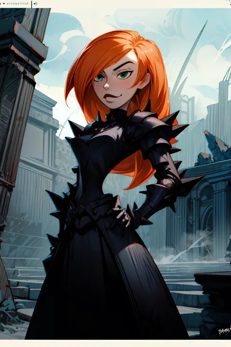 <lora:kim-05:1.4> k1m, 1girl,long orange hair,   solo, (full body:0.6), detailed background, detailed face, (<lora:MagmaTech:0.5>,  MagmaTech theme:1.1),  evil smile, dark death knight, vampiric, black clothes, spiked armor,  evil royal spiked crown, dynamic pose,  vultures in background, dark ruins in background, misty dark sinister atmosphere, stormclouds, , <lora:add_detail:1> , <lora:GoodHands-beta2:1>