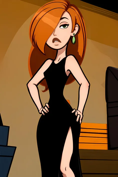 <lora:kim-05:1.2> k1m, 1girl, black dress, long orange hair, hand on hip, earrings, hair over one eye,