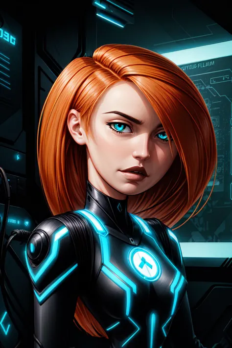 <lora:kim-05:1.4> k1m, 1girl,long orange hair, hair over one eye, portrait, looking at viewer, solo, (full body:0.6), detailed background, detailed face, (<lora:Neonpunkai-8:0.4>, Neonpunkai, neon theme:1.1) high-tech futuristic hacker, smirk, advanced technology, techwear, cables, blue (holographic display:1.05), access denied, encrypted symbols, floorplan, screens in background, espionage, dark sinister atmosphere, , <lora:add_detail:1> , <lora:GoodHands-beta2:1>