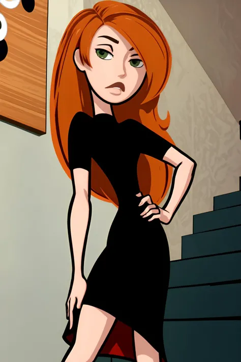 <lora:kim-05:1.2> k1m, 1girl, black dress, long orange hair, hand on hip,
