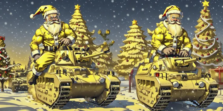 (1male, muscular_male, male_focus, yellowsanta, facial_hair, santa_hat, mustache, white_hair, santa_costume, fur_trim, mature_male, yellow_pants), realistic, christmas, christmas_tree, looking_at_viewer, yellowsnow, ((riding a matilda tank)),