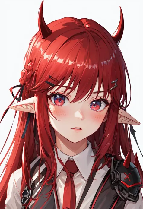 best quality, masterpiece, highres, solo, (vigna_arknights:1.10), 1girl, red necktie, collared shirt, upper body, white shirt, looking at viewer, hair ribbon, hairclip, simple background, closed mouth, white background, vest, blush, shoulder armor, 8 <lora:vigna_arknights:0.80>