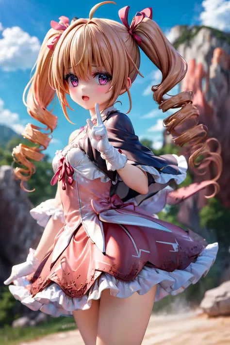 masterpiece, best quality, highres, hmbk1, 1girl, twintails, drill hair, long hair, blond hair, pink eyes, tutu, red capelet, ribbon, white gloves, pink dress, frills, <lora:biscuit_krueger_v1:0.7>, outdoors, standing, cowboy shot, wilderness, rocks, high rocks, (sandy land:1.3),
(show index finger:1.4),
face to camera, looking at viewer,
<lora:more_details:0.4>,
<lora:detail_slider_v4:1>,
<lora:ttchibi:0.5>,