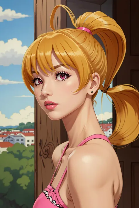 (masterpiece, best quality),  intricate details,
1girl,   <lora:katou_megumi_v1:0.8> hmbk1, 1girl, ponytail, drill hair, pink eyes, blonde hair, 
 <lora:EnvyBeautyMix03:0.8>