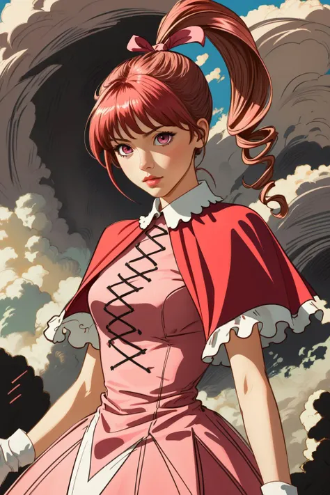 (masterpiece, best quality),  intricate details,
1girl,   <lora:katou_megumi_v1:0.8> hmbk1, 1girl, ponytail, drill hair, pink eyes, red capelet, ribbon, white gloves, pink dress, frills,
