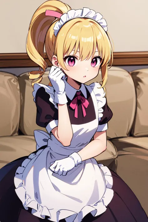 masterpiece, best quality, highres, hmbk1, 1girl, blonde hair, ponytail, drill hair, pink eyes, <lora:biscuit_krueger_v1:0.7>, maid, maid headdress, apron, white gloves,