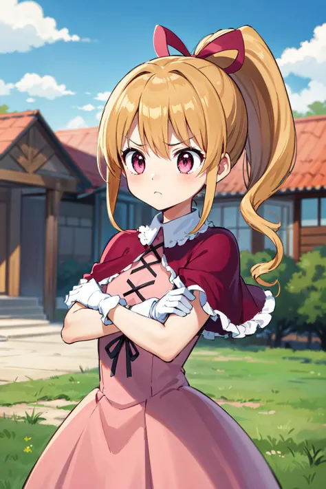 masterpiece, best quality, highres, hmbk1, 1girl, ponytail, drill hair, pink eyes, red capelet, ribbon, white gloves, pink dress, frills, <lora:biscuit_krueger_v1:0.7>, crossed arms, frown, outdoors, standing,