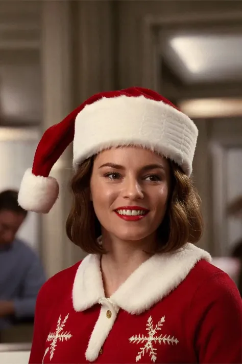 a woman in a red ugly sweater and santa hat, Christmas, in an office, bobcut, sweet smile, detailed face, soft lighting, (high detailed skin:1.1)
<lora:elizabeth_banks_lora_v01:1> lizbanks