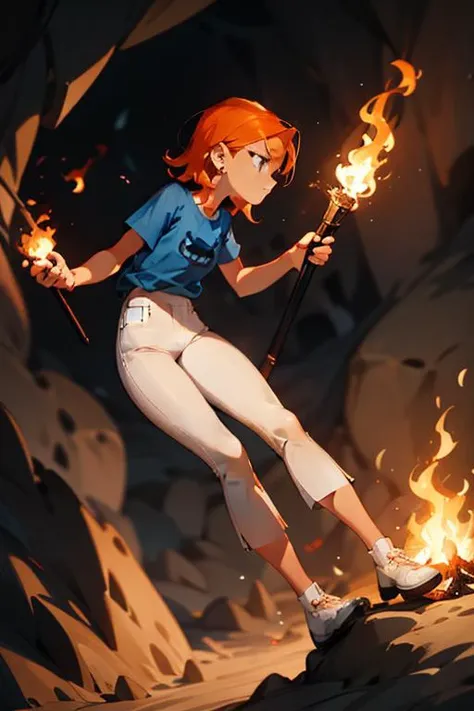 <lora:osgwen-01:1> 1girl, gwen, orange hair, ((blue shirt)), white pants, cave background, holding fire torch, wandering in cave, bats, full body, masterpiece, best quality