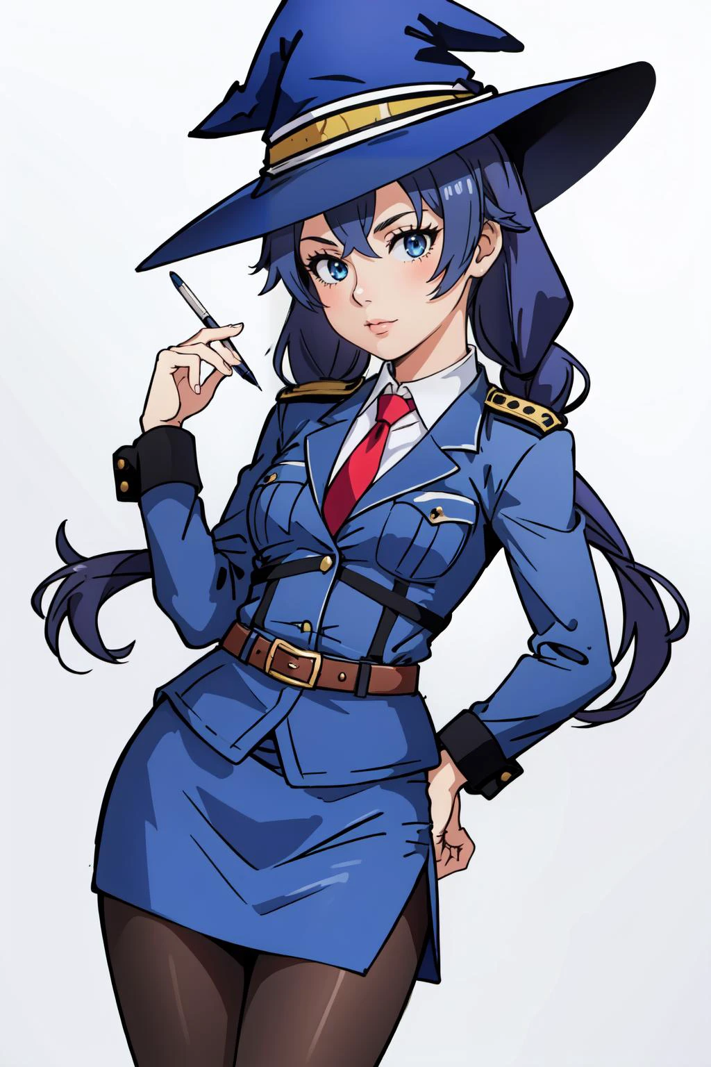 (masterpiece, best quality), intricate details,
1girl, <lora:roxy:0.8> roxy, long hair, twintails,witch hat, small breasts,
<lora:frolaytiatest:0.8> shirt, jacket, white shirt, pantyhose, necktie, collared shirt, belt, uniform, blue skirt, black pantyhose, military, formal, blue jacket, red necktie, pencil skirt, pocket, hair stick, ,