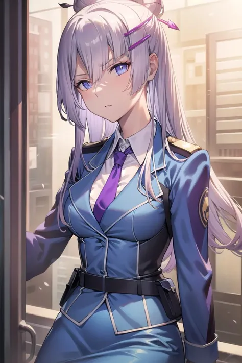 frolaytiacapistrano, <lora:frolaytiatest:1>,
frolaytia capistrano, long hair, bangs, hair ornament, (purple eyes:1.3), white hair, hair bun, single hair bun,
BREAK shirt, jacket, white shirt, pantyhose, necktie, collared shirt, belt, uniform, blue skirt, black pantyhose, military, formal, blue jacket, red necktie, pencil skirt, pocket, hair stick, ,
BREAK looking at viewer,
BREAK outdoors, city,
BREAK <lora:GoodHands-vanilla:1>, (masterpiece:1.2), best quality, high resolution, unity 8k wallpaper, (illustration:0.8), (beautiful detailed eyes:1.6), extremely detailed face, perfect lighting, extremely detailed CG, (perfect hands, perfect anatomy),