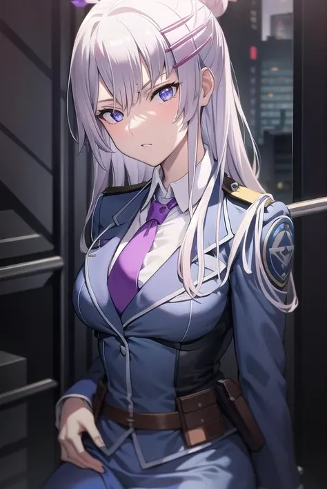 frolaytiacapistrano, <lora:frolaytiatest:1>,
frolaytia capistrano, long hair, bangs, hair ornament, (purple eyes:1.3), white hair, hair bun, single hair bun,
BREAK shirt, jacket, white shirt, pantyhose, necktie, collared shirt, belt, uniform, blue skirt, black pantyhose, military, formal, blue jacket, red necktie, pencil skirt, pocket, hair stick, ,
BREAK looking at viewer,
BREAK outdoors, city,
BREAK <lora:GoodHands-vanilla:1>, (masterpiece:1.2), best quality, high resolution, unity 8k wallpaper, (illustration:0.8), (beautiful detailed eyes:1.6), extremely detailed face, perfect lighting, extremely detailed CG, (perfect hands, perfect anatomy),
