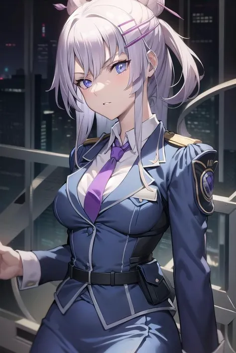 frolaytiacapistrano, <lora:frolaytiatest:1>,
frolaytia capistrano, long hair, bangs, hair ornament, (purple eyes:1.3), white hair, hair bun, single hair bun,
BREAK shirt, jacket, white shirt, pantyhose, necktie, collared shirt, belt, uniform, blue skirt, black pantyhose, military, formal, blue jacket, red necktie, pencil skirt, pocket, hair stick, ,
BREAK looking at viewer,
BREAK outdoors, city,
BREAK <lora:GoodHands-vanilla:1>, (masterpiece:1.2), best quality, high resolution, unity 8k wallpaper, (illustration:0.8), (beautiful detailed eyes:1.6), extremely detailed face, perfect lighting, extremely detailed CG, (perfect hands, perfect anatomy),