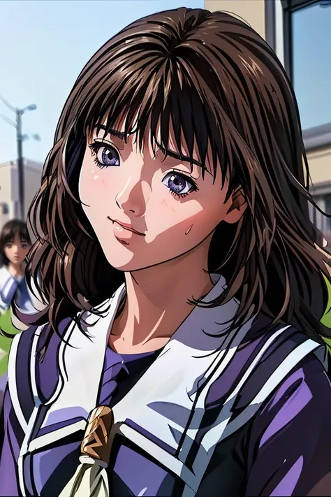 (masterpiece, best quality), 1girl, beautiful face, <lora:yoshizuki_ioriV2:1> yoshizuki_iori, School_uniform_Purple_shirt_Blue_skirt_White_neckerchief_Black_thighhighs