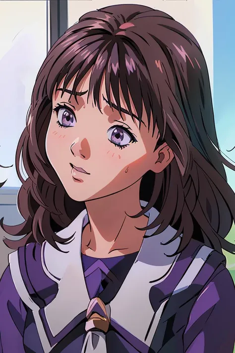(masterpiece, best quality), 1girl, beautiful face, <lora:yoshizuki_ioriV2:1> yoshizuki_iori, School_uniform_Purple_shirt_Blue_skirt_White_neckerchief_Black_thighhighs