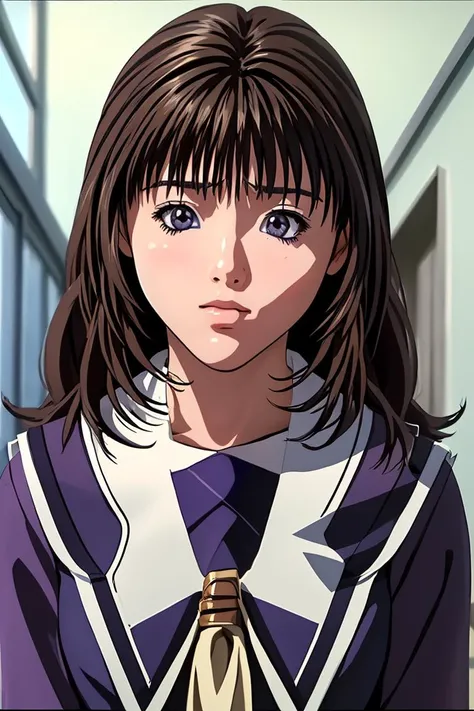 (masterpiece, best quality), 1girl, beautiful face, <lora:yoshizuki_ioriV2:1> yoshizuki_iori, School_uniform_Purple_shirt_Blue_skirt_White_neckerchief_Black_thighhighs