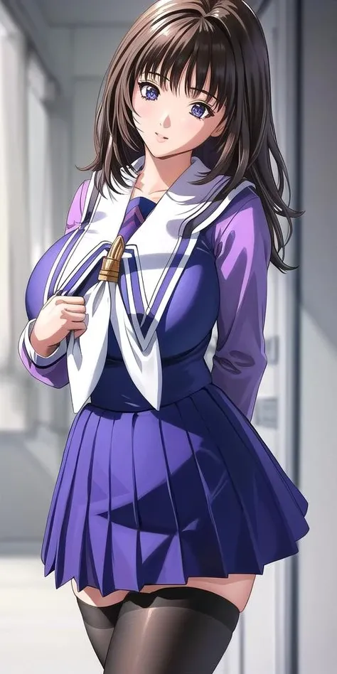 masterpiece, best quality, honoka, looking at viewer, shy, school uniform, thighhighs,  huge breasts, thick thighs, lying <lora:honoka-000018:0.8>